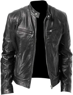 Leather Motorcycle Jacket Casual Solid Color Zipper Pocket Leather Jacket Coat Mens Winter Jackets Textile