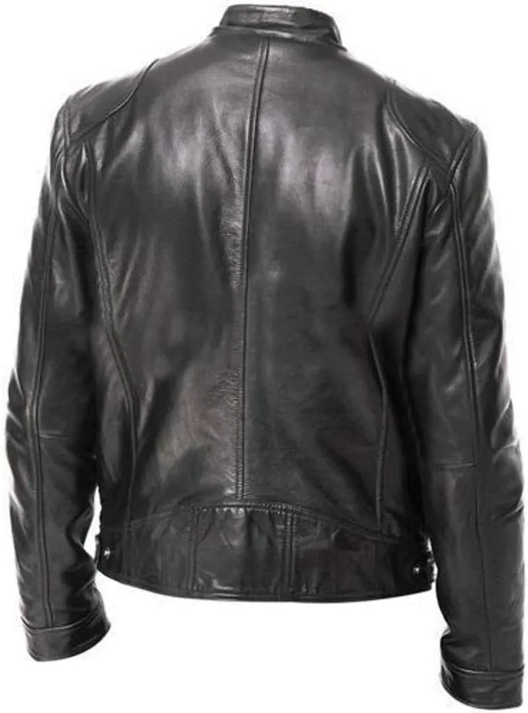 Leather Motorcycle Jacket Casual Solid Color Zipper Pocket Leather Jacket Coat Mens Winter Jackets Textile