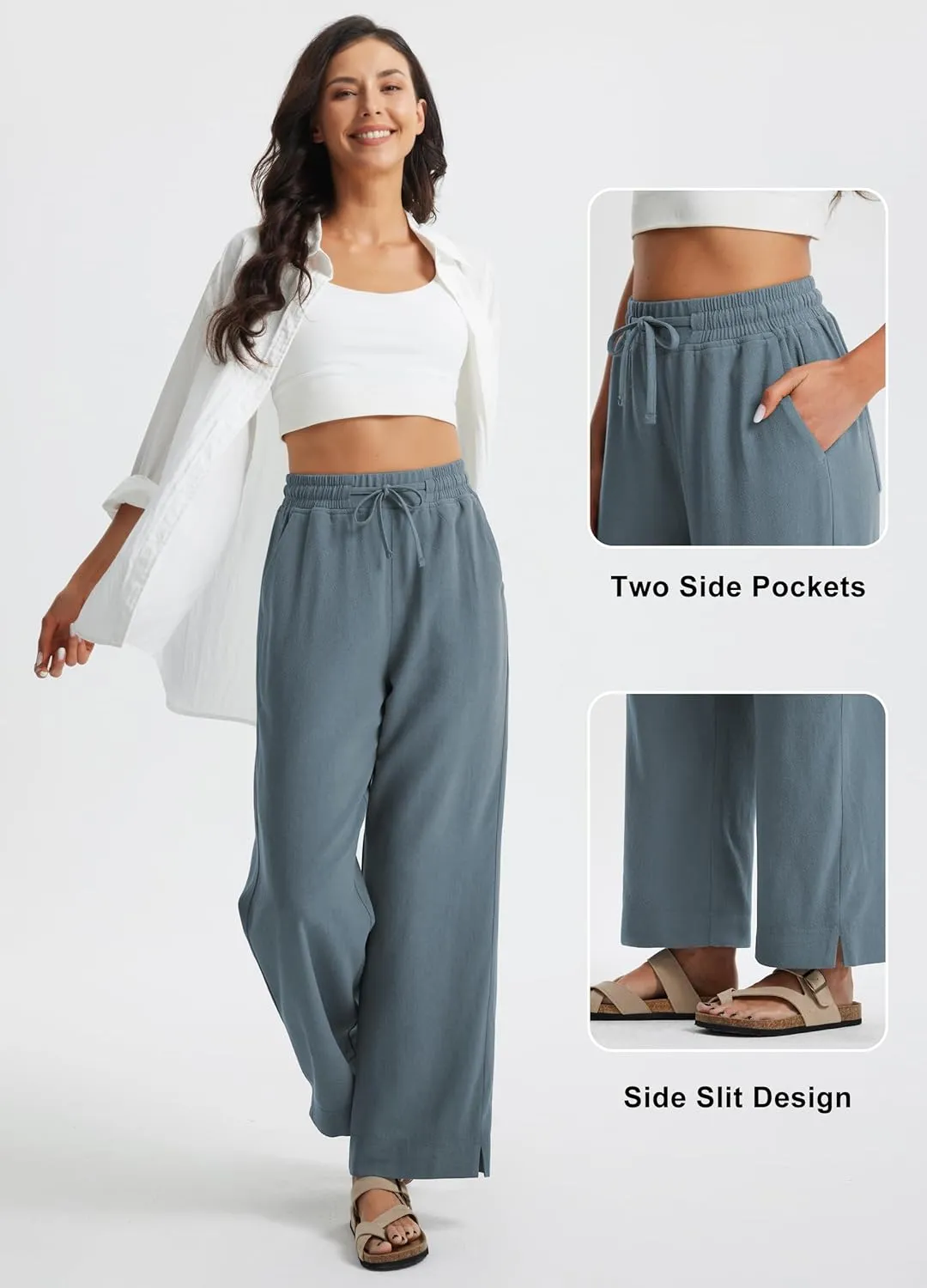 Libin Linen Pants Women Wide Leg Casual Beach Pants Cotton Linen Summer Lounge Pants Travel Work Trousers with Pockets