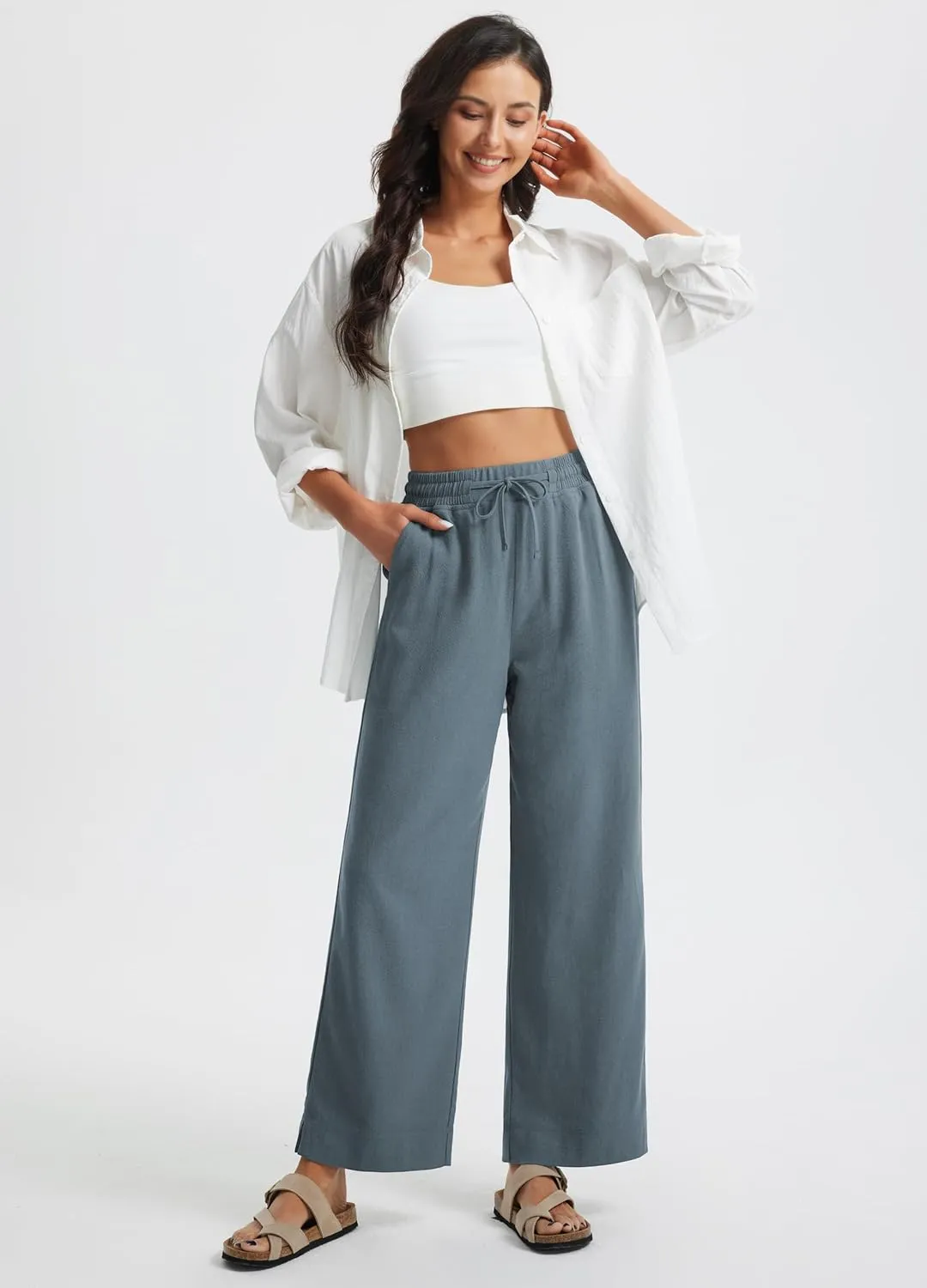 Libin Linen Pants Women Wide Leg Casual Beach Pants Cotton Linen Summer Lounge Pants Travel Work Trousers with Pockets