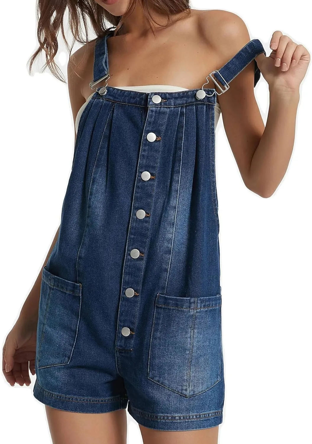 LifeShe Women's Denim Overall Shortalls Adjustable Straps Jeans Shorts Romper Jumpsuits with Patch Pockets