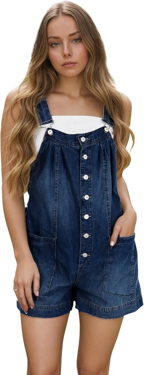 LifeShe Women's Denim Overall Shortalls Adjustable Straps Jeans Shorts Romper Jumpsuits with Patch Pockets