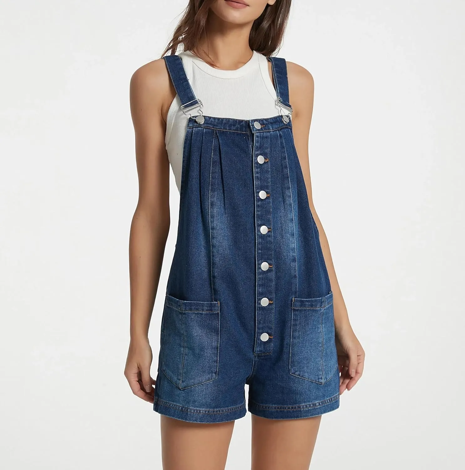 LifeShe Women's Denim Overall Shortalls Adjustable Straps Jeans Shorts Romper Jumpsuits with Patch Pockets