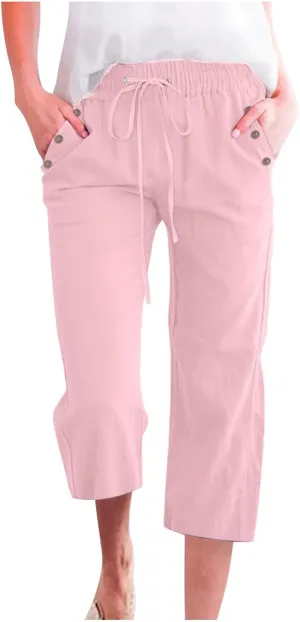 Linen Capri Pants for Women Cotton Casual Summer Capris Drawstring High Waist Pants Wide Leg Cropped Trousers