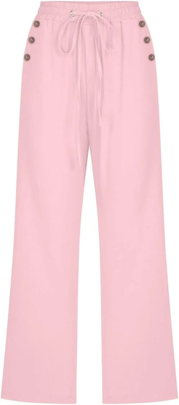 Linen Capri Pants for Women Cotton Casual Summer Capris Drawstring High Waist Pants Wide Leg Cropped Trousers