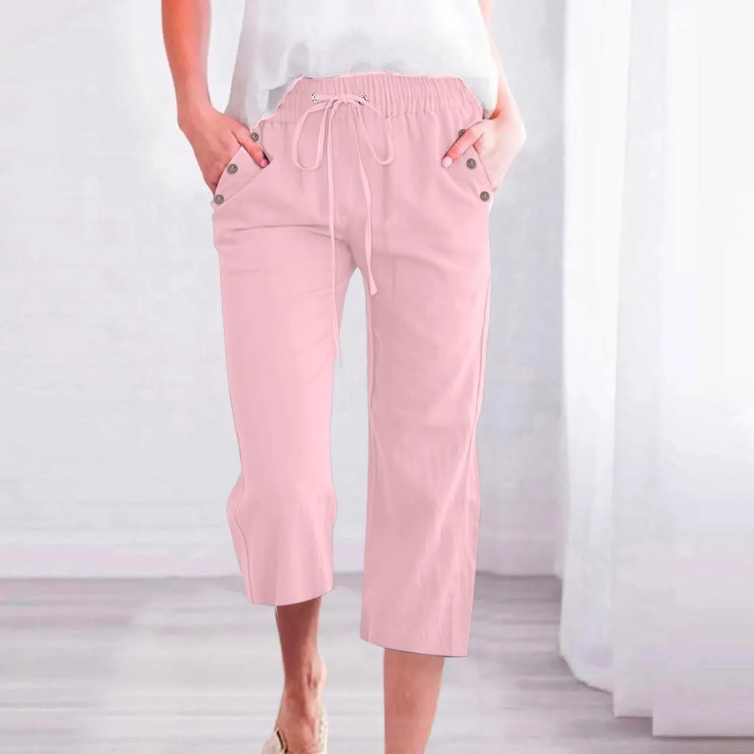 Linen Capri Pants for Women Cotton Casual Summer Capris Drawstring High Waist Pants Wide Leg Cropped Trousers