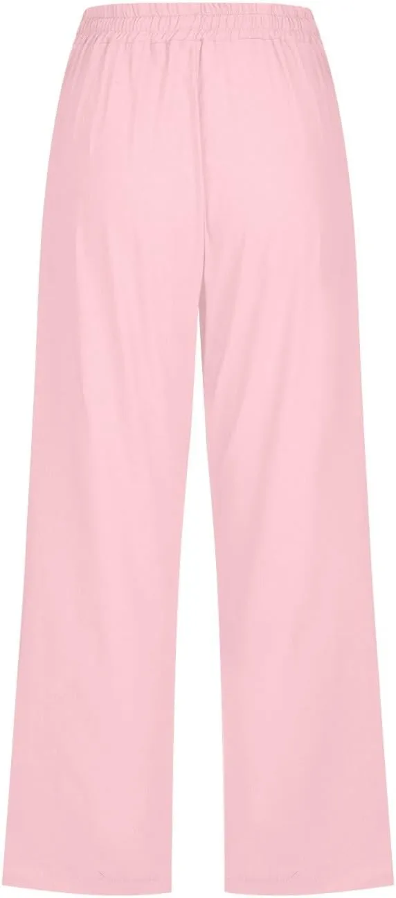 Linen Capri Pants for Women Cotton Casual Summer Capris Drawstring High Waist Pants Wide Leg Cropped Trousers