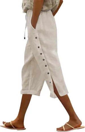 Linen Capri Pants for Women Summer 2025 Wide Leg Loose Drawstring Elastic Waist Cropped Trouser