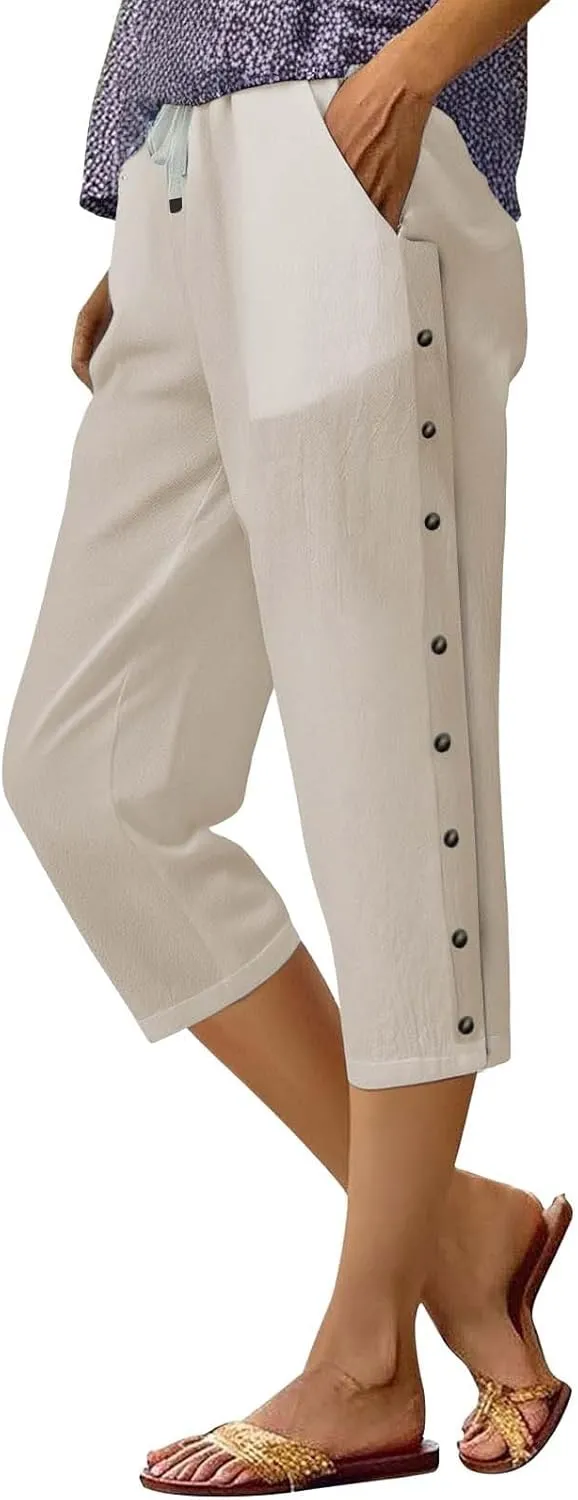 Linen Capri Pants for Women Summer 2025 Wide Leg Loose Drawstring Elastic Waist Cropped Trouser