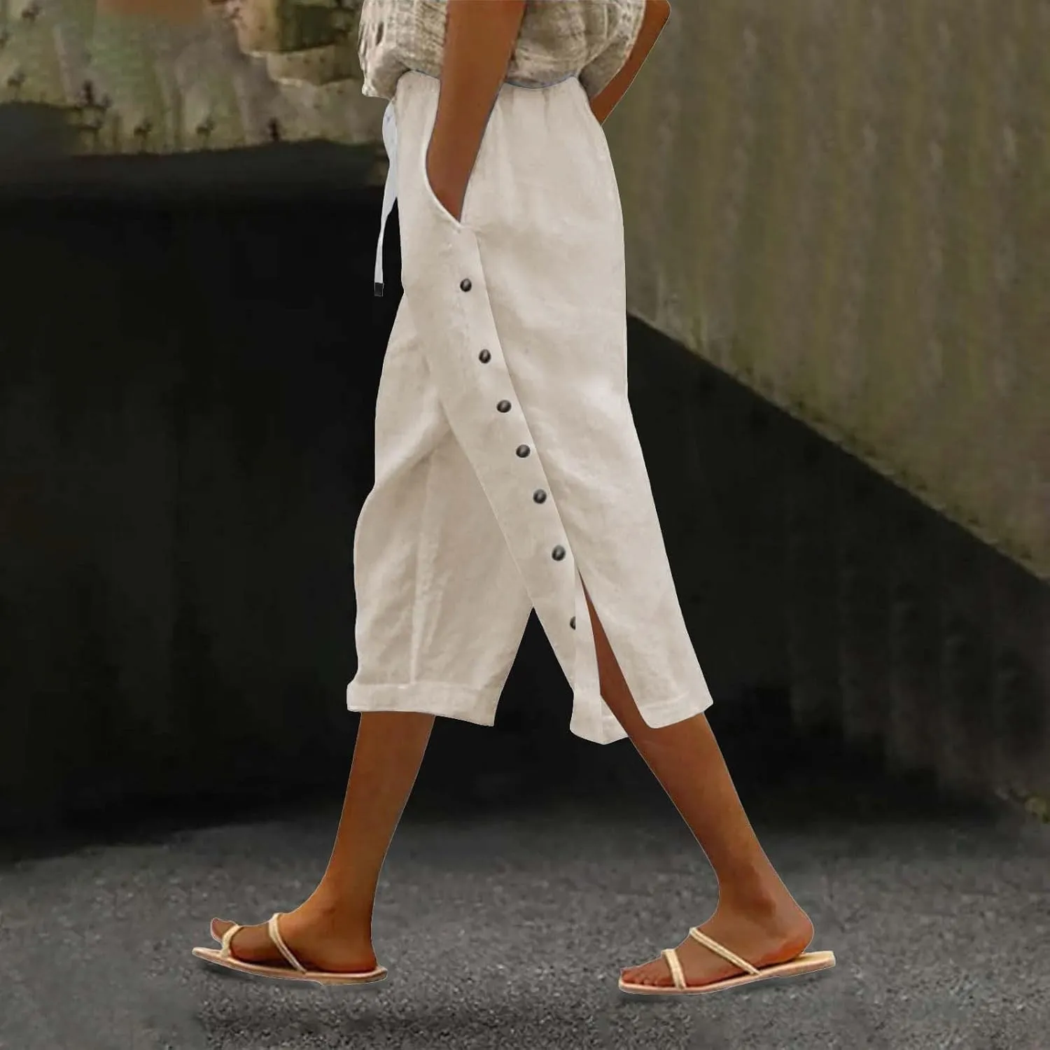 Linen Capri Pants for Women Summer 2025 Wide Leg Loose Drawstring Elastic Waist Cropped Trouser