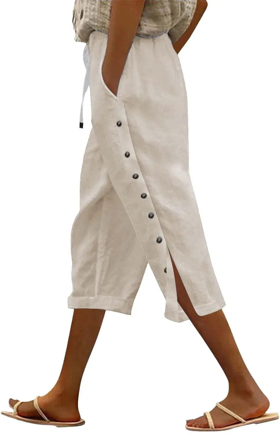 Linen Capri Pants for Women Summer 2025 Wide Leg Loose Drawstring Elastic Waist Cropped Trouser