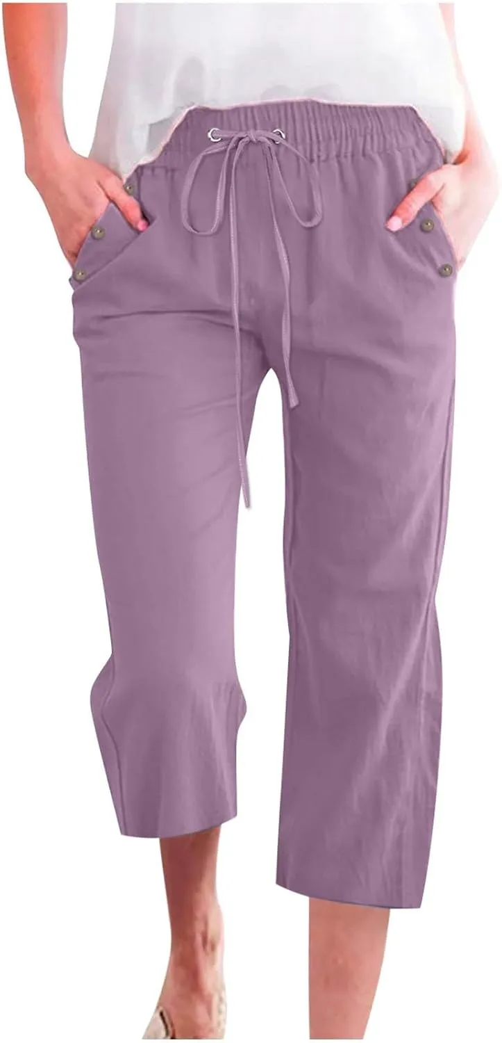 Linen Capris Pants for Women High Waisted Palazzo Trousers Casual Loose Drawstring Elasticated Beach Capris Pant with Pockets