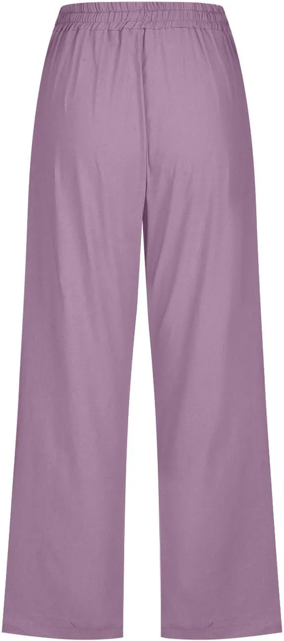 Linen Capris Pants for Women High Waisted Palazzo Trousers Casual Loose Drawstring Elasticated Beach Capris Pant with Pockets