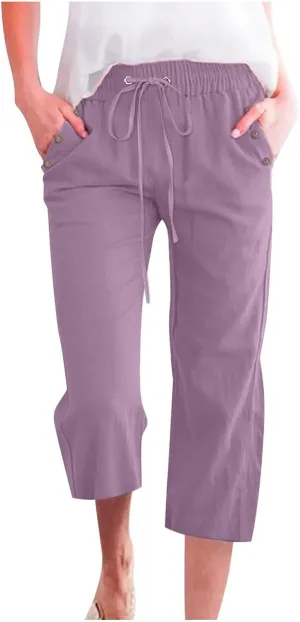 Linen Capris Pants for Women High Waisted Palazzo Trousers Casual Loose Drawstring Elasticated Beach Capris Pant with Pockets
