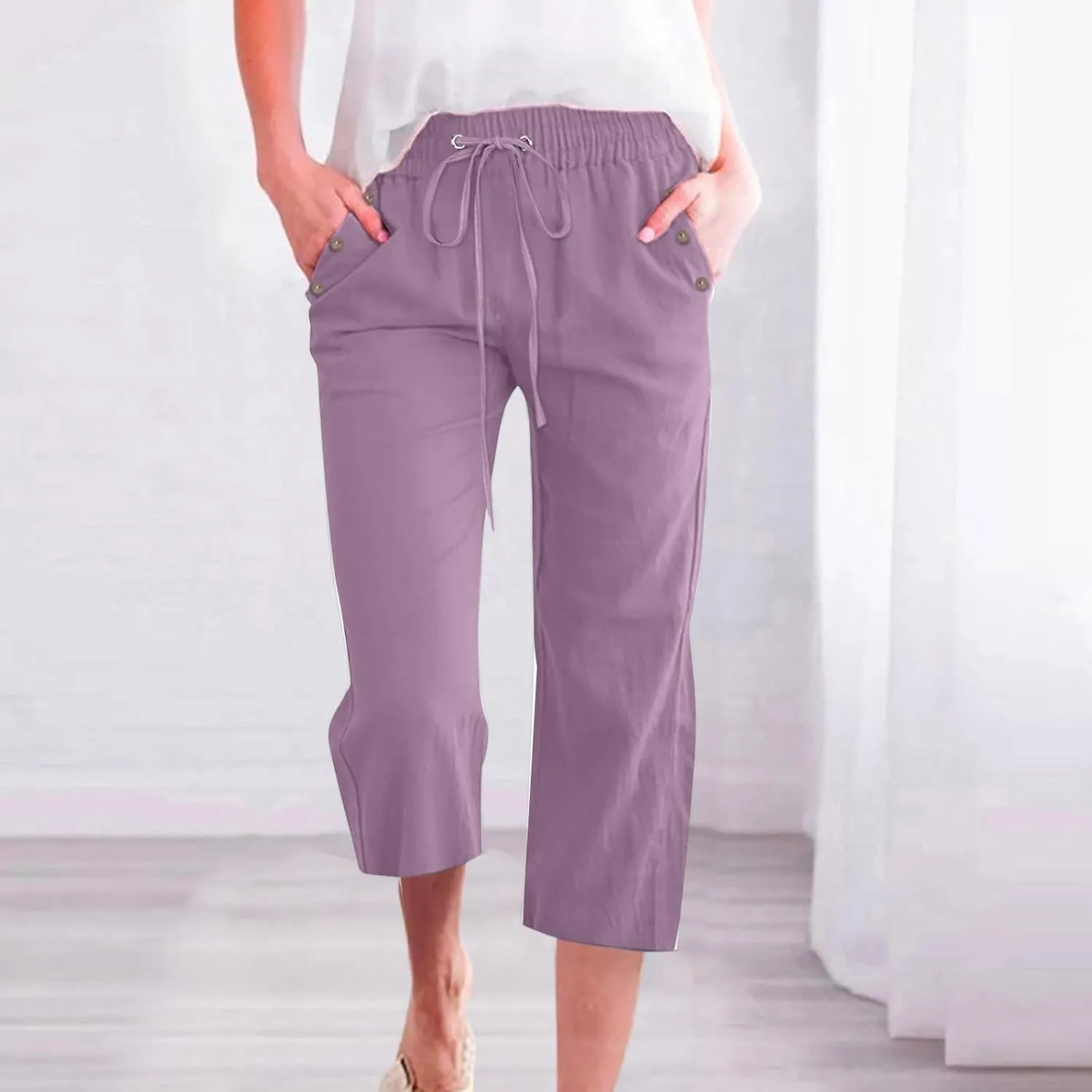 Linen Capris Pants for Women High Waisted Palazzo Trousers Casual Loose Drawstring Elasticated Beach Capris Pant with Pockets