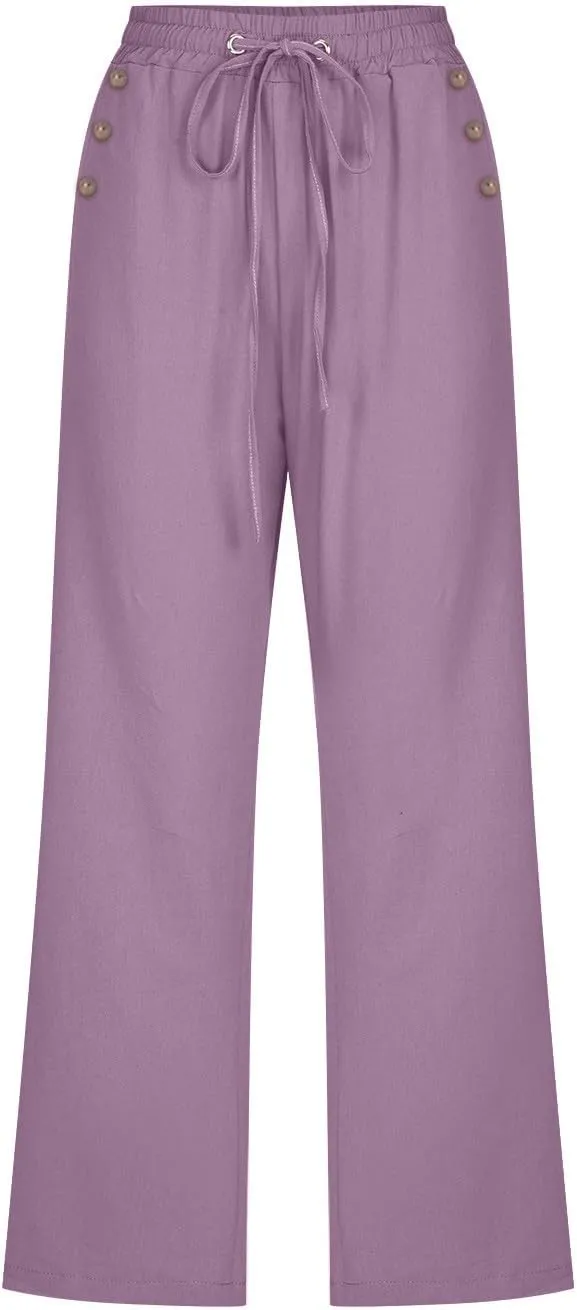 Linen Capris Pants for Women High Waisted Palazzo Trousers Casual Loose Drawstring Elasticated Beach Capris Pant with Pockets