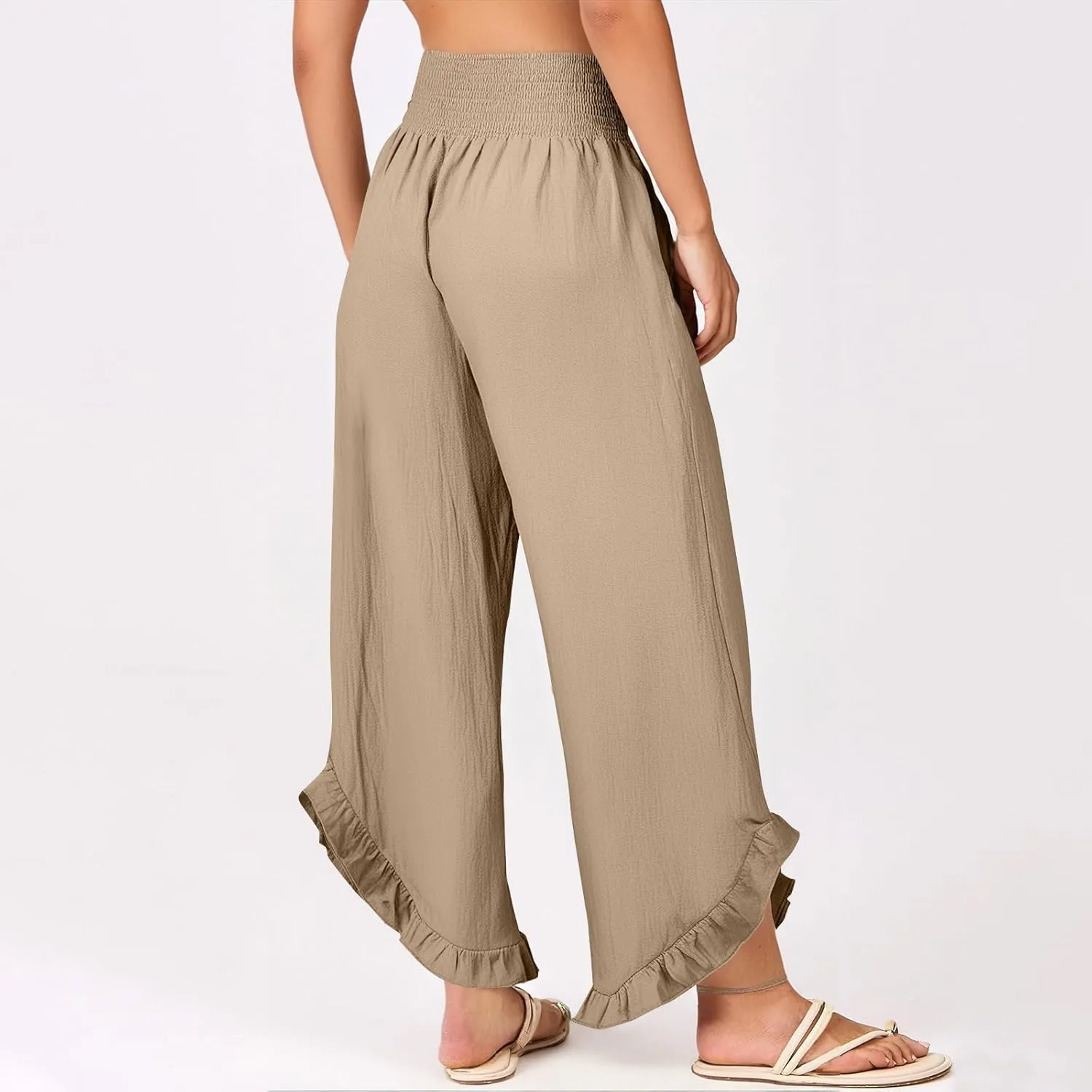 Linen Palazzo Pants for Women Casual Smocked Waisted Ruffle Hem Wide Leg Pants Summer Loose Beach Pant with Pockets