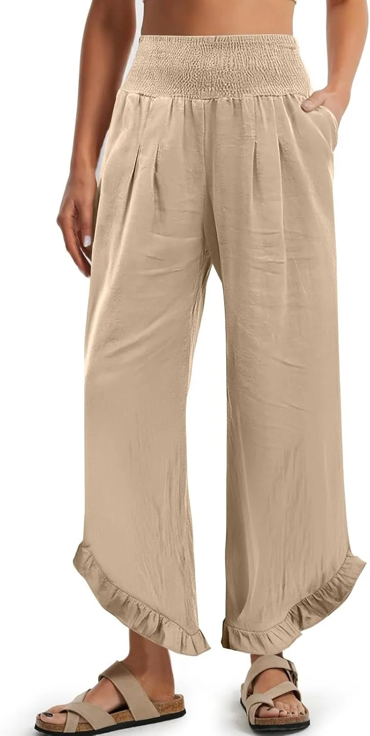 Linen Palazzo Pants for Women Casual Smocked Waisted Ruffle Hem Wide Leg Pants Summer Loose Beach Pant with Pockets