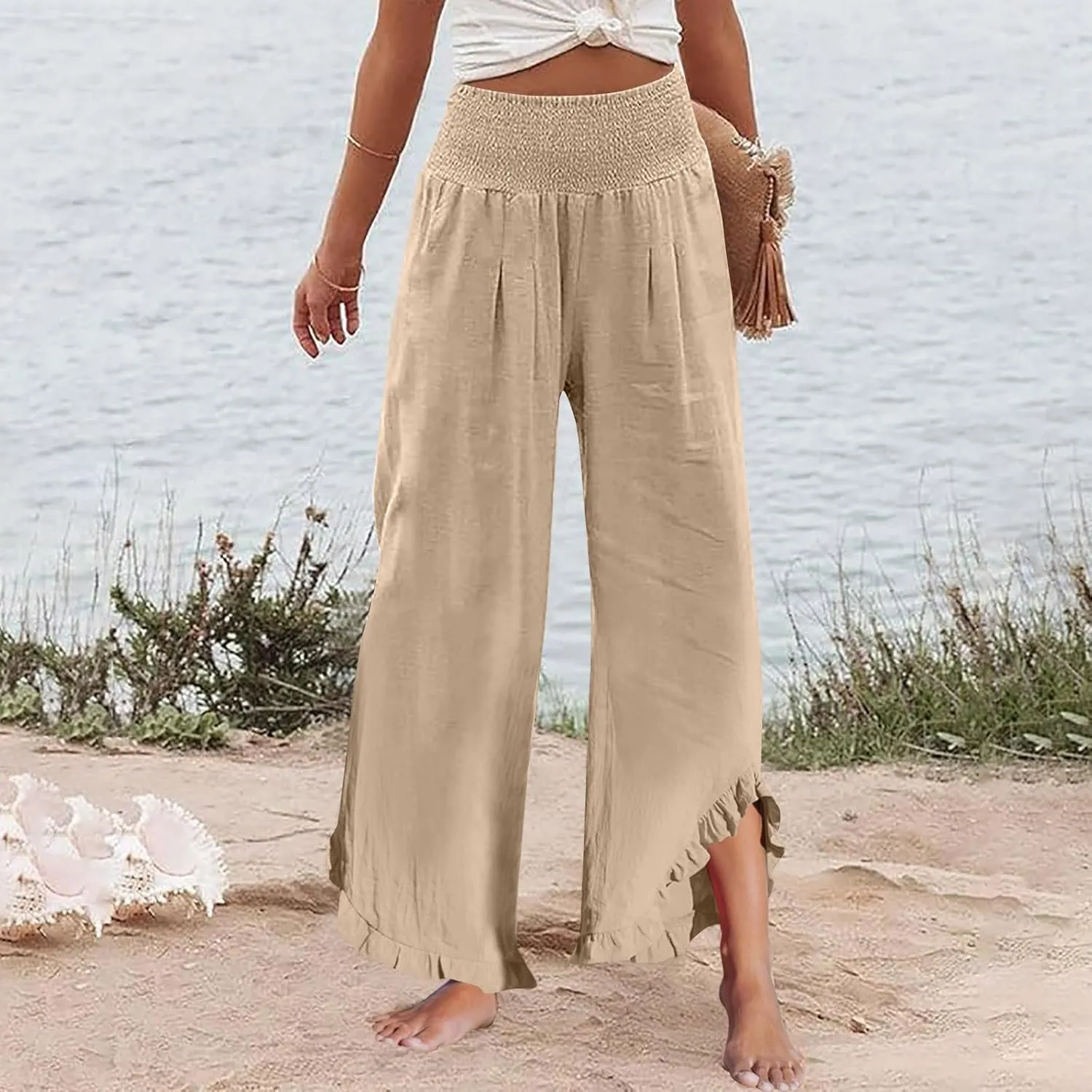 Linen Palazzo Pants for Women Casual Smocked Waisted Ruffle Hem Wide Leg Pants Summer Loose Beach Pant with Pockets