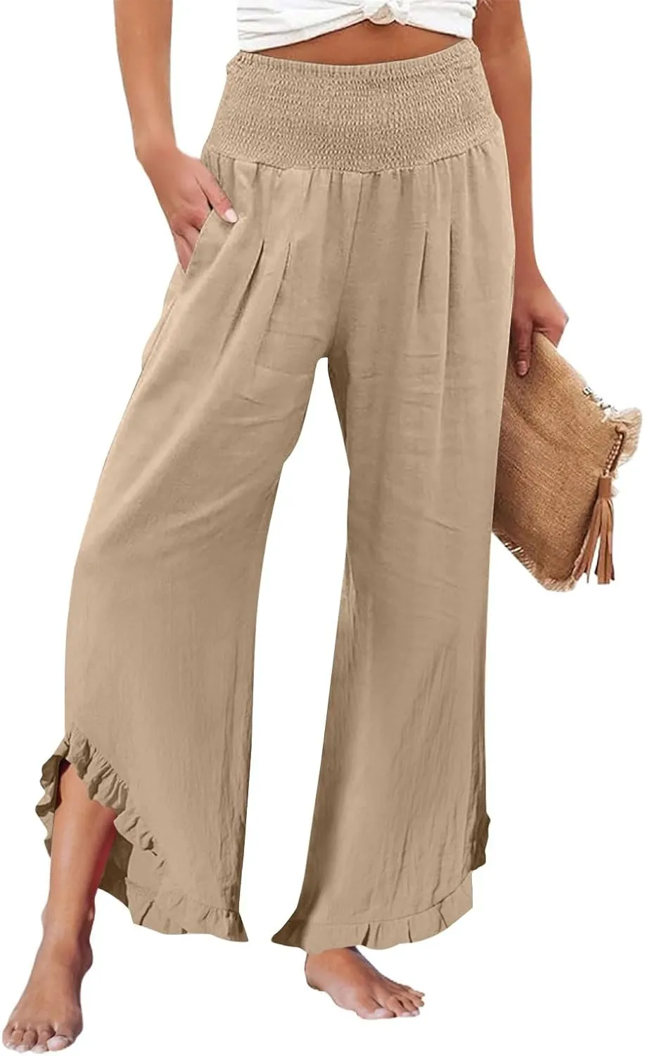 Linen Palazzo Pants for Women Casual Smocked Waisted Ruffle Hem Wide Leg Pants Summer Loose Beach Pant with Pockets