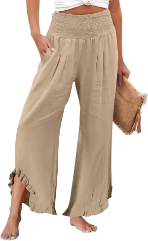 Linen Palazzo Pants for Women Casual Smocked Waisted Ruffle Hem Wide Leg Pants Summer Loose Beach Pant with Pockets