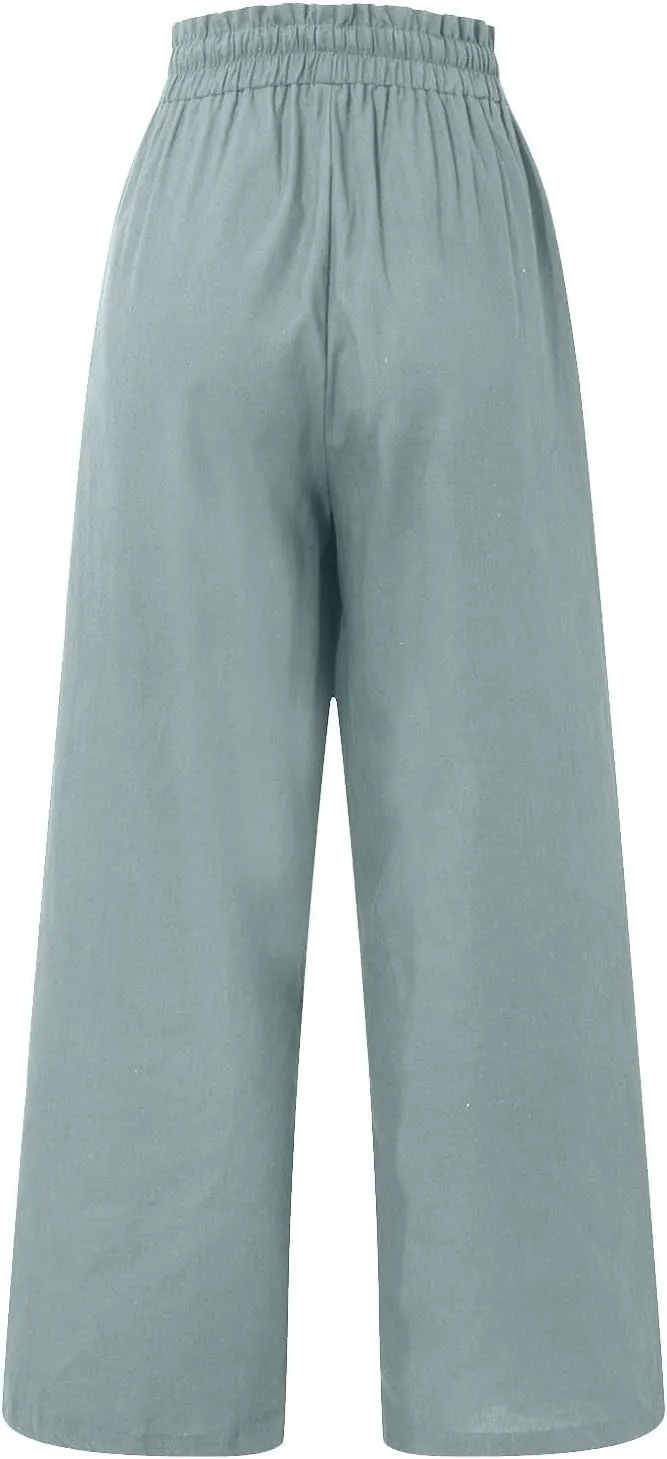 Linen Palazzo Pants for Women Drawstring Paperbag Waist Boho Wide Leg Cropped Pants Summer Beach Pants with Pockets
