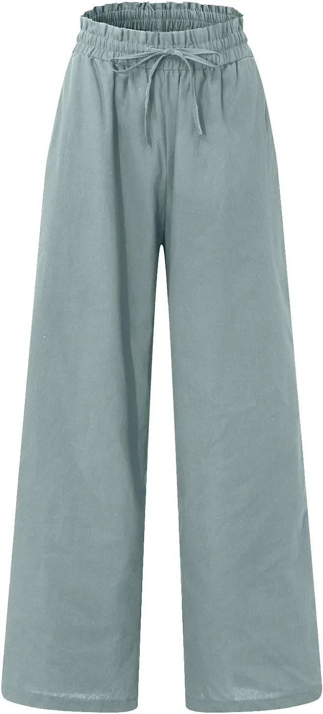 Linen Palazzo Pants for Women Drawstring Paperbag Waist Boho Wide Leg Cropped Pants Summer Beach Pants with Pockets