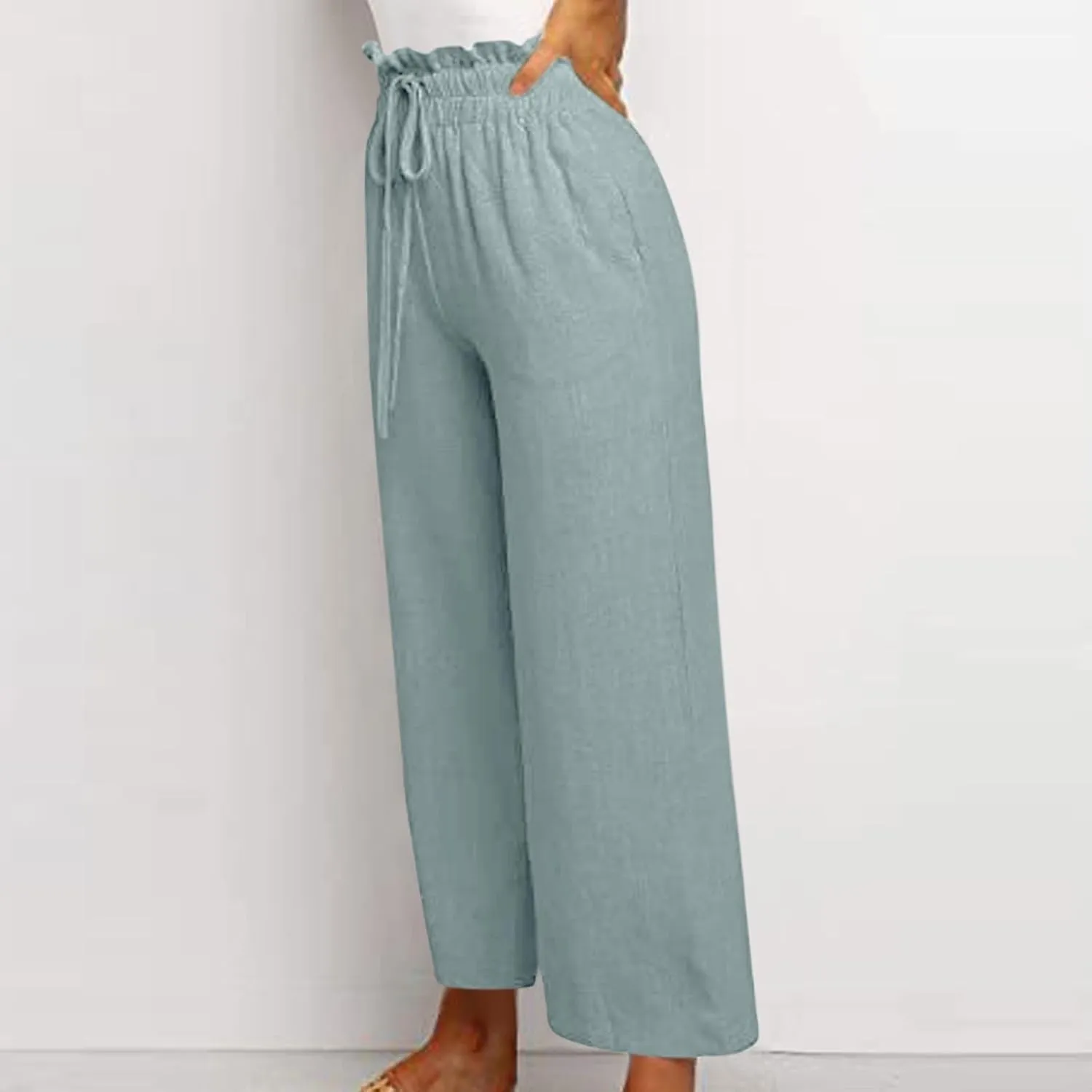 Linen Palazzo Pants for Women Drawstring Paperbag Waist Boho Wide Leg Cropped Pants Summer Beach Pants with Pockets