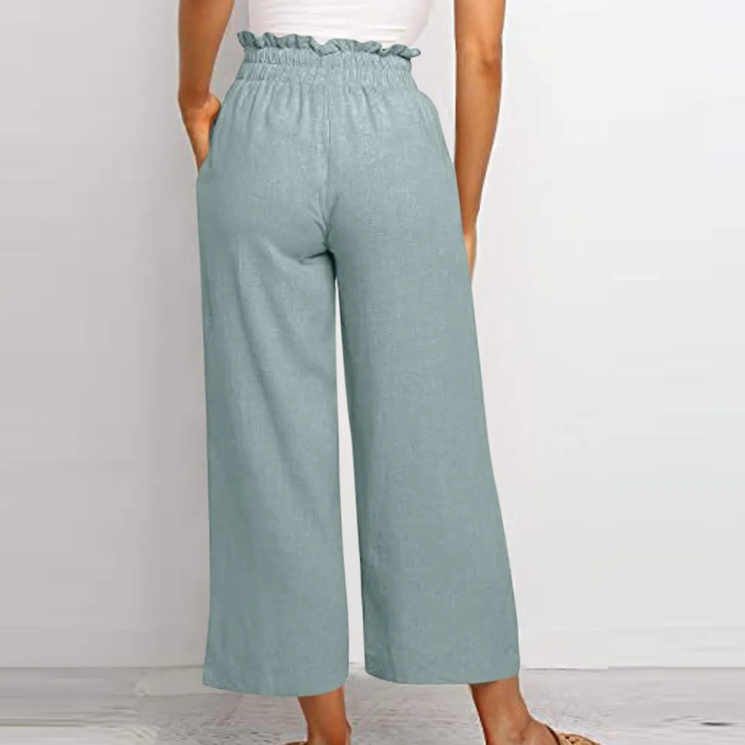 Linen Palazzo Pants for Women Drawstring Paperbag Waist Boho Wide Leg Cropped Pants Summer Beach Pants with Pockets