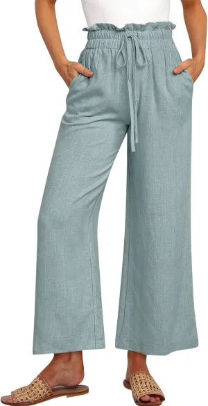 Linen Palazzo Pants for Women Drawstring Paperbag Waist Boho Wide Leg Cropped Pants Summer Beach Pants with Pockets