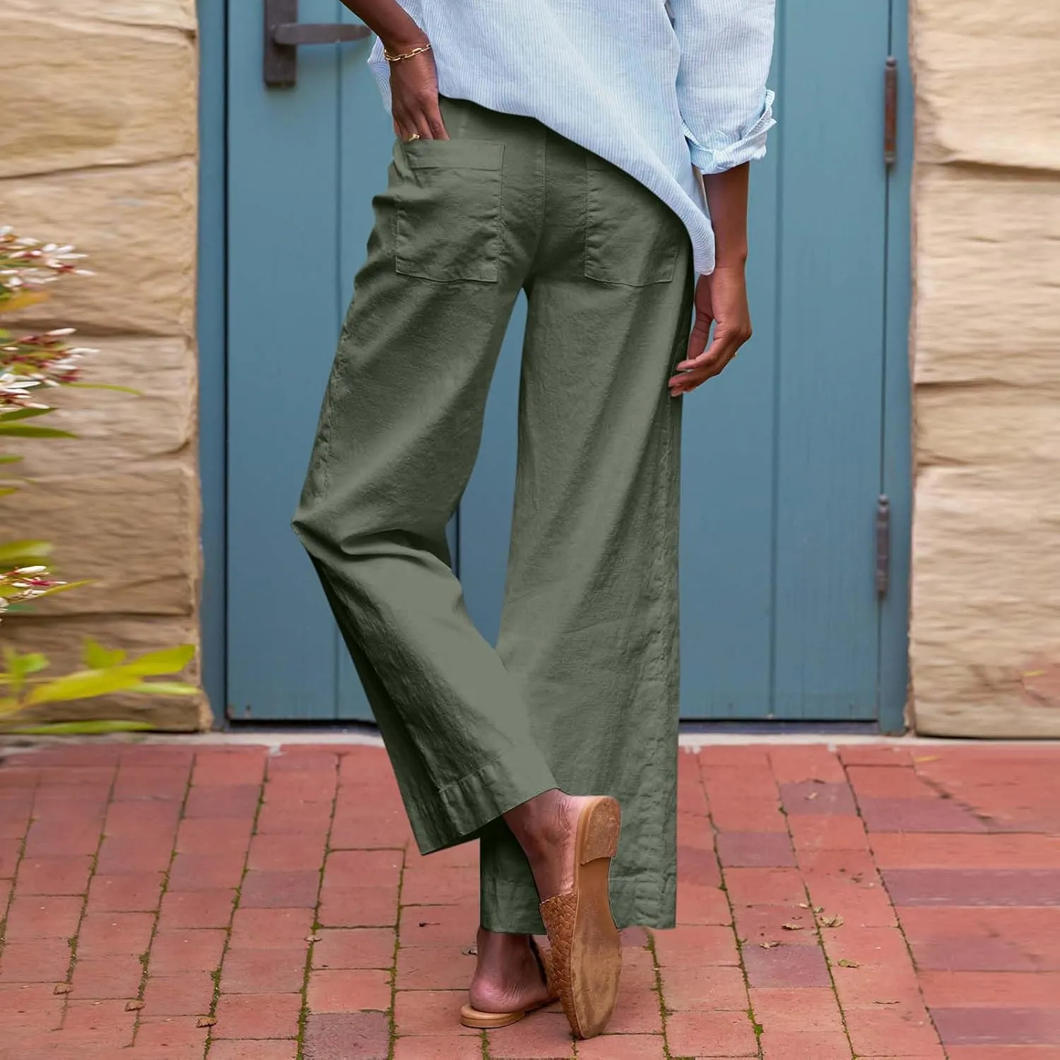 Linen Pants for Women Elastic High Waisted Straight Leg Trousers Casual Summer Wide Leg Cropped Pants with Pockets