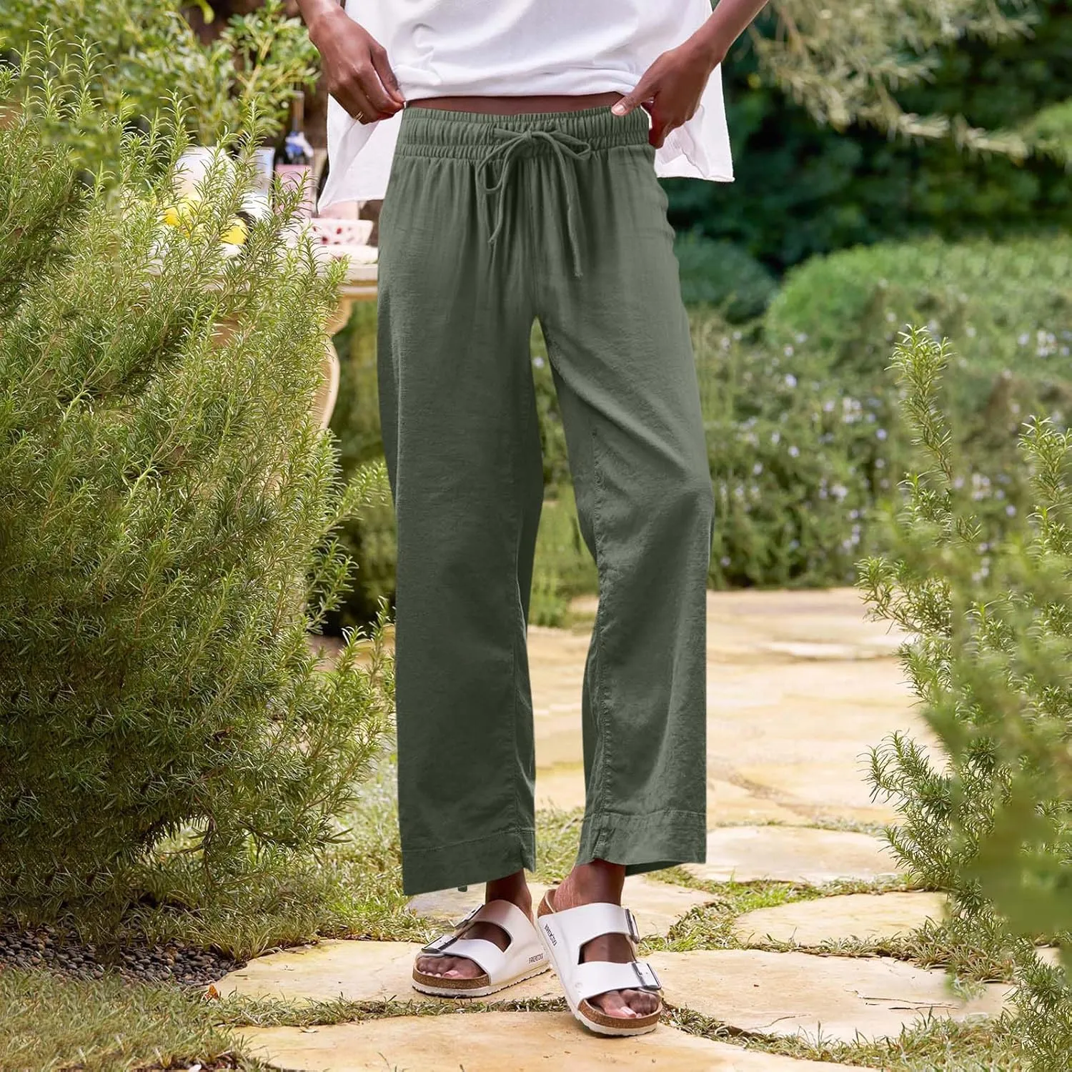 Linen Pants for Women Elastic High Waisted Straight Leg Trousers Casual Summer Wide Leg Cropped Pants with Pockets