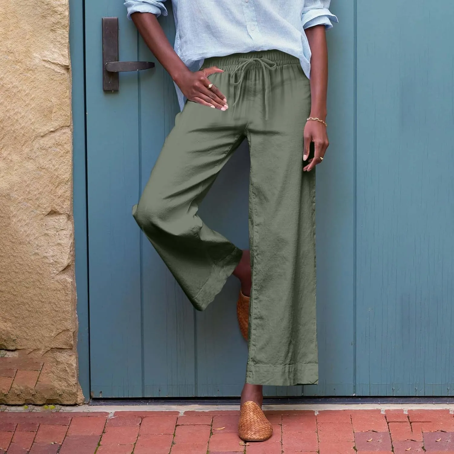 Linen Pants for Women Elastic High Waisted Straight Leg Trousers Casual Summer Wide Leg Cropped Pants with Pockets