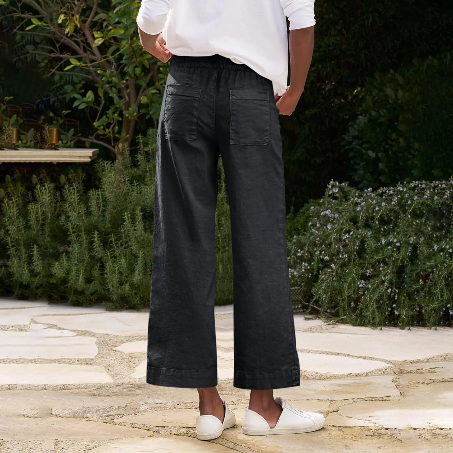 Linen Pants for Women Elastic High Waisted Straight Leg Trousers Casual Summer Wide Leg Cropped Pants with Pockets