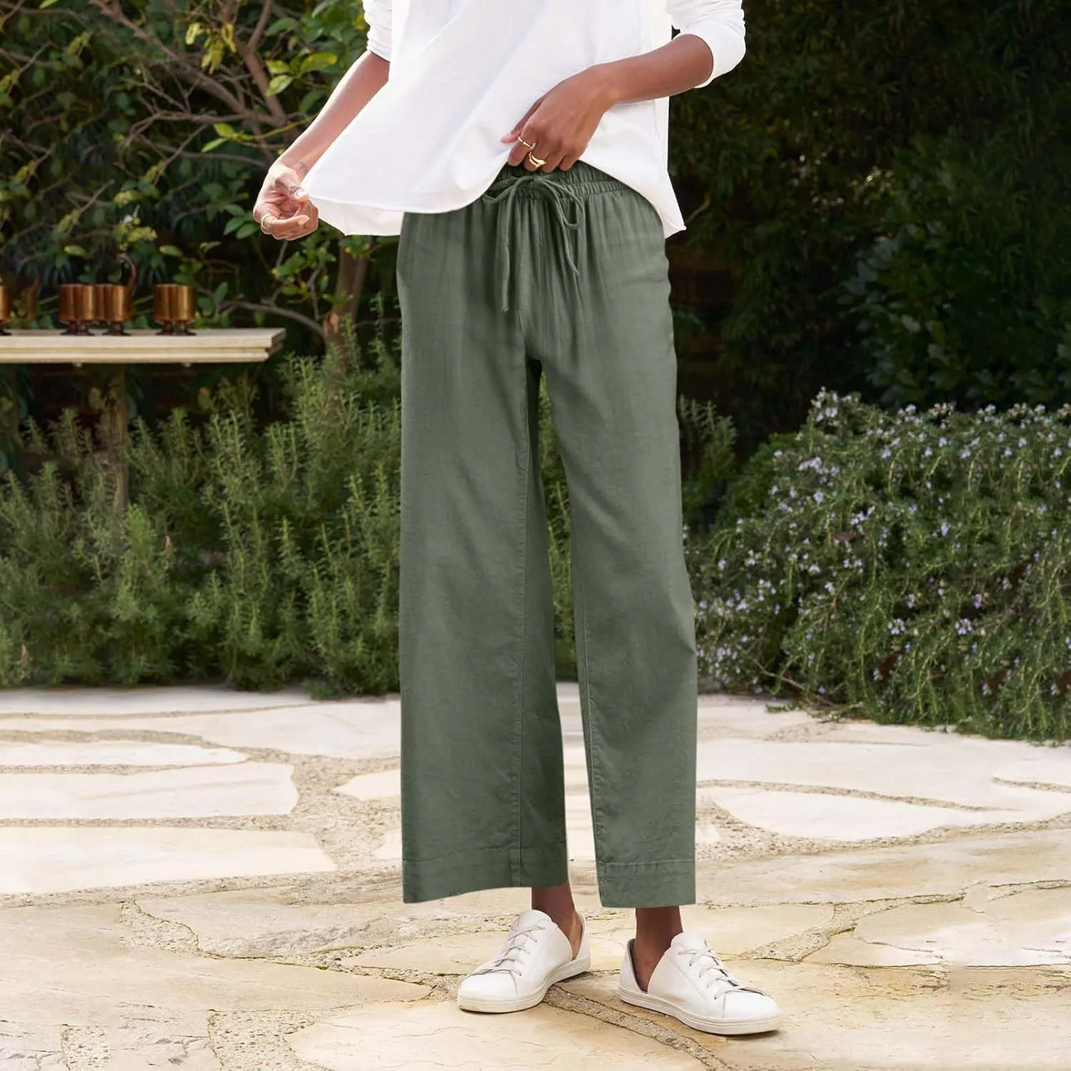 Linen Pants for Women Elastic High Waisted Straight Leg Trousers Casual Summer Wide Leg Cropped Pants with Pockets