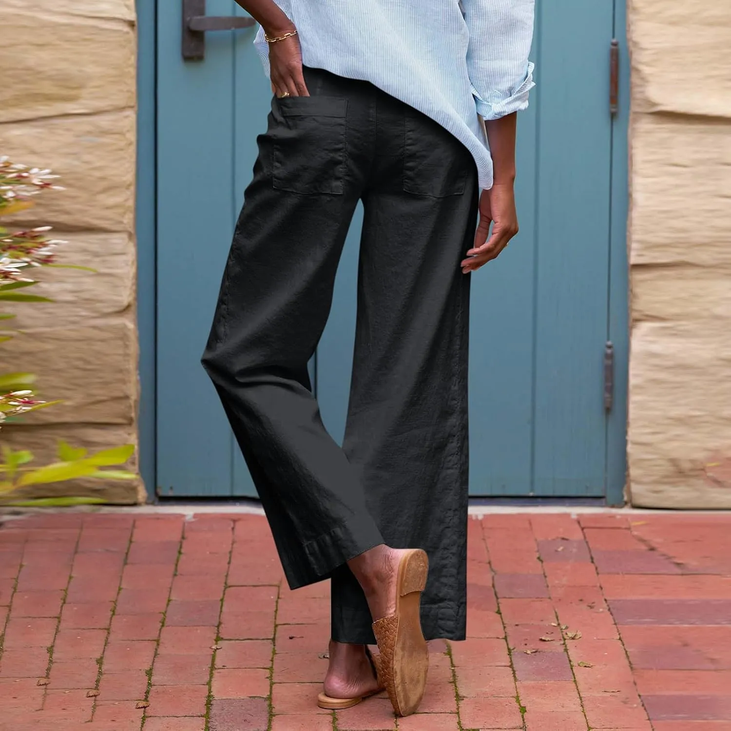 Linen Pants for Women Elastic High Waisted Straight Leg Trousers Casual Summer Wide Leg Cropped Pants with Pockets