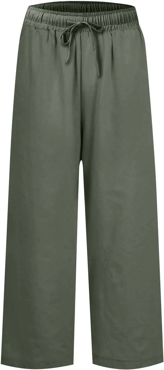 Linen Pants for Women Elastic High Waisted Straight Leg Trousers Casual Summer Wide Leg Cropped Pants with Pockets