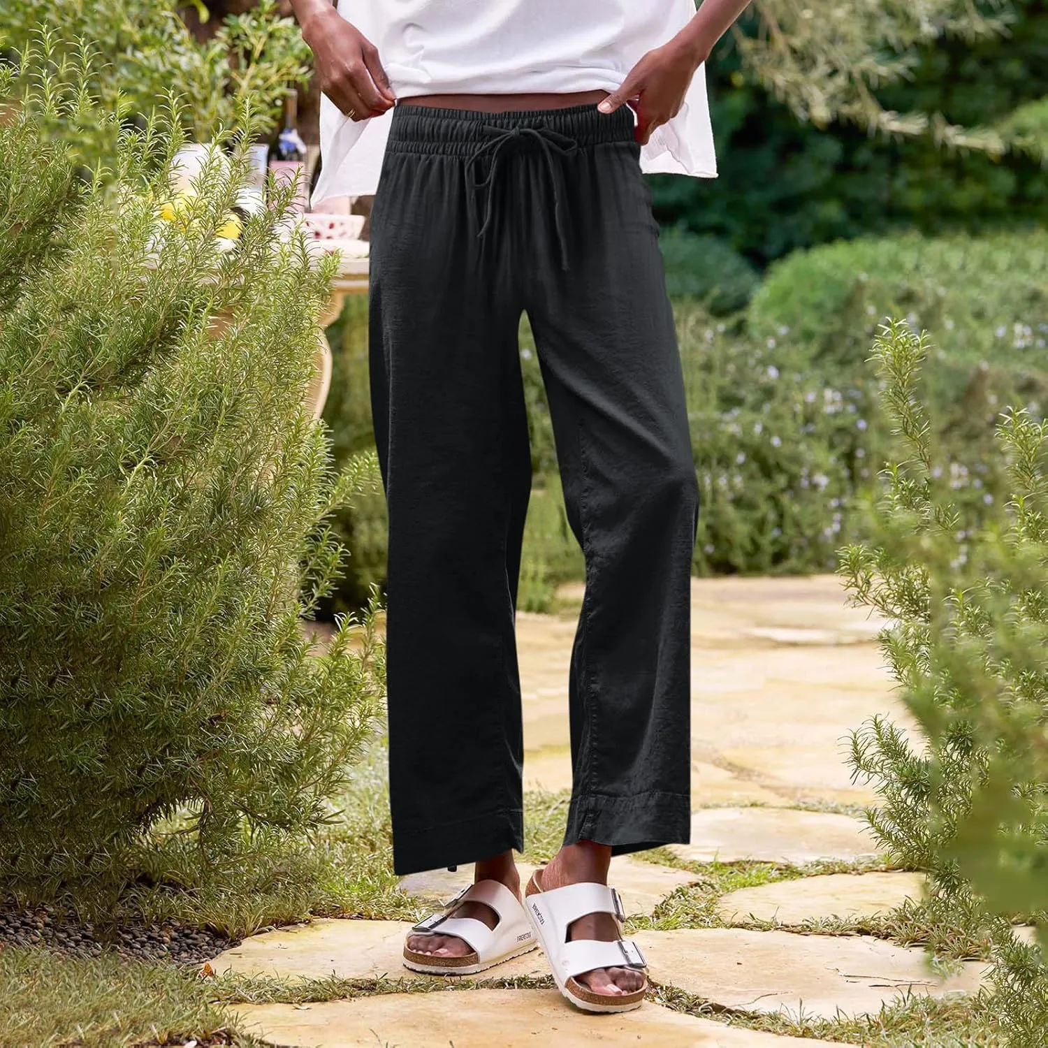 Linen Pants for Women Elastic High Waisted Straight Leg Trousers Casual Summer Wide Leg Cropped Pants with Pockets