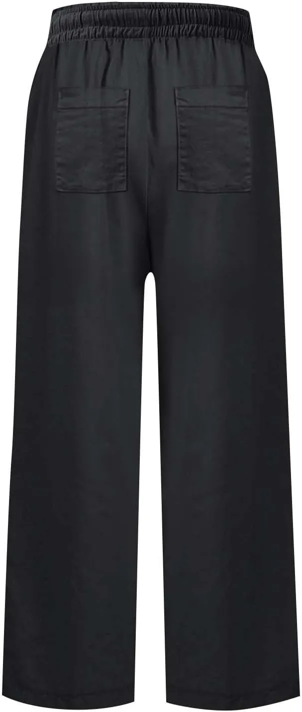 Linen Pants for Women Elastic High Waisted Straight Leg Trousers Casual Summer Wide Leg Cropped Pants with Pockets