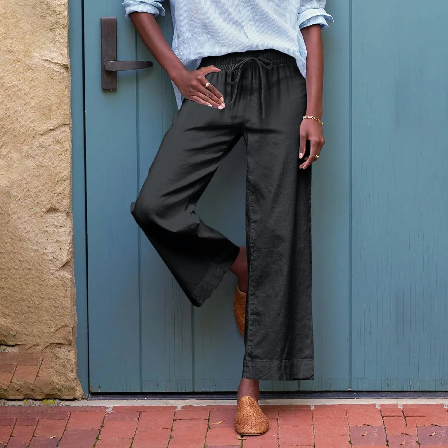 Linen Pants for Women Elastic High Waisted Straight Leg Trousers Casual Summer Wide Leg Cropped Pants with Pockets