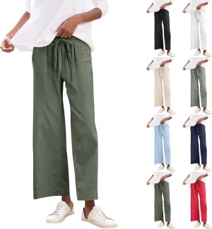 Linen Pants for Women Elastic High Waisted Straight Leg Trousers Casual Summer Wide Leg Cropped Pants with Pockets