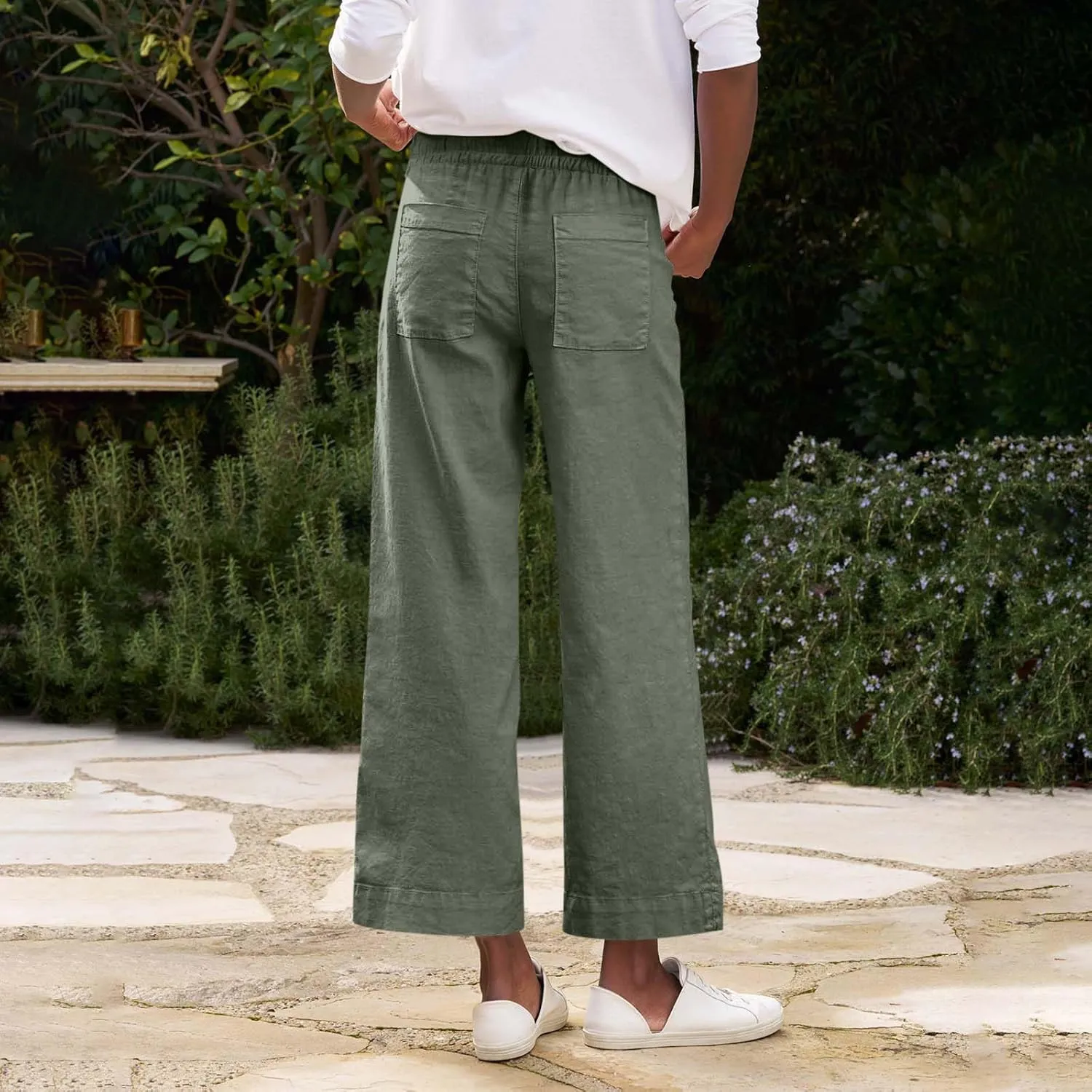 Linen Pants for Women Elastic High Waisted Straight Leg Trousers Casual Summer Wide Leg Cropped Pants with Pockets