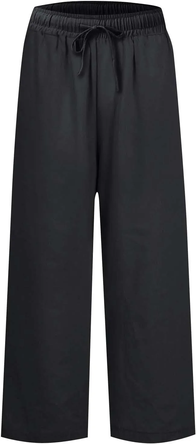 Linen Pants for Women Elastic High Waisted Straight Leg Trousers Casual Summer Wide Leg Cropped Pants with Pockets