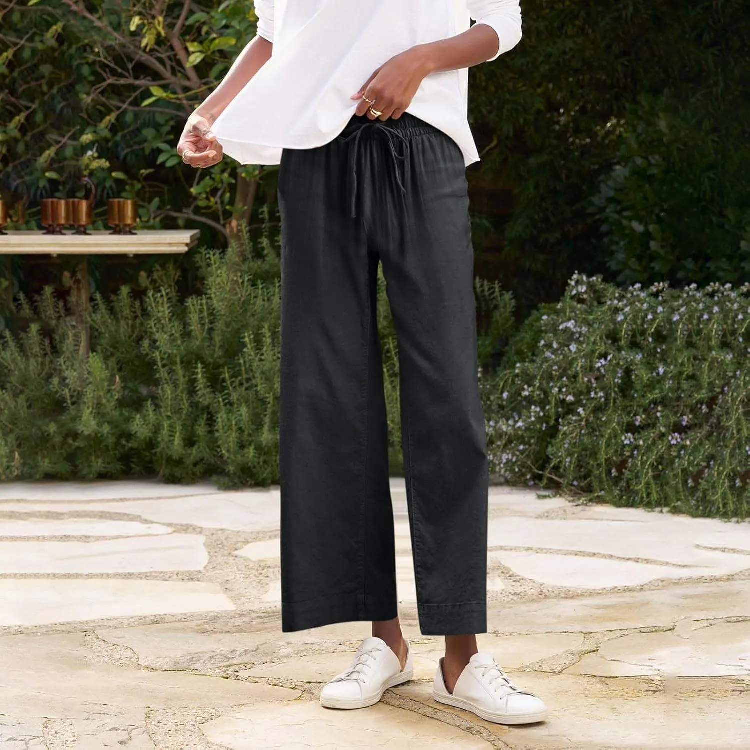 Linen Pants for Women Elastic High Waisted Straight Leg Trousers Casual Summer Wide Leg Cropped Pants with Pockets