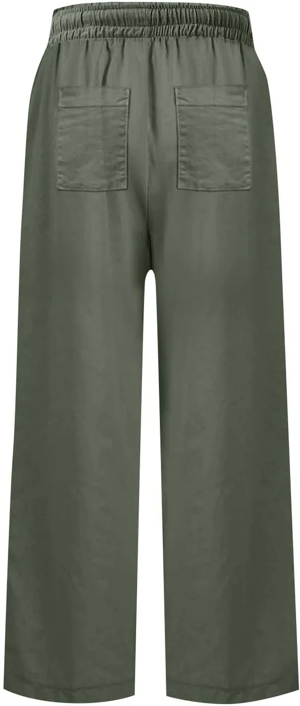 Linen Pants for Women Elastic High Waisted Straight Leg Trousers Casual Summer Wide Leg Cropped Pants with Pockets