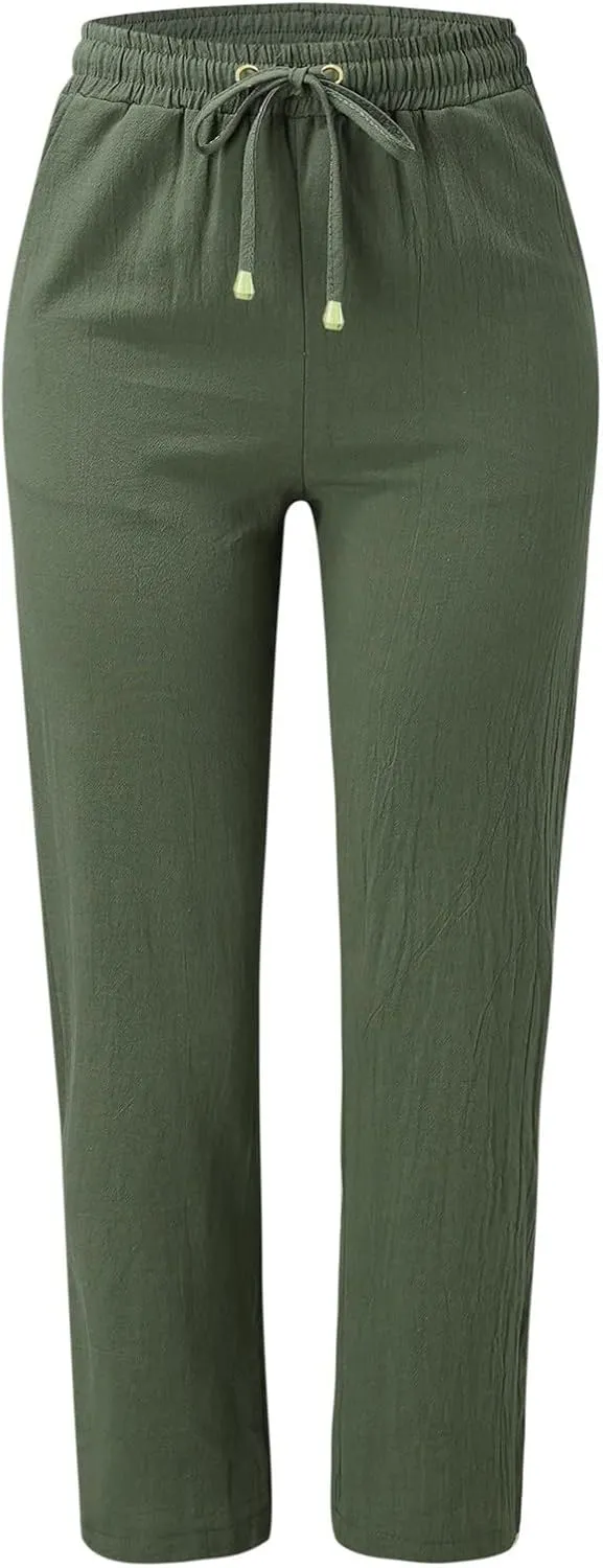 Linen Pants for Women Elastic Waist Straight Leg Pants Summer Casual Yoga Beach Pants 2025 Comfy Trousers with Pocket