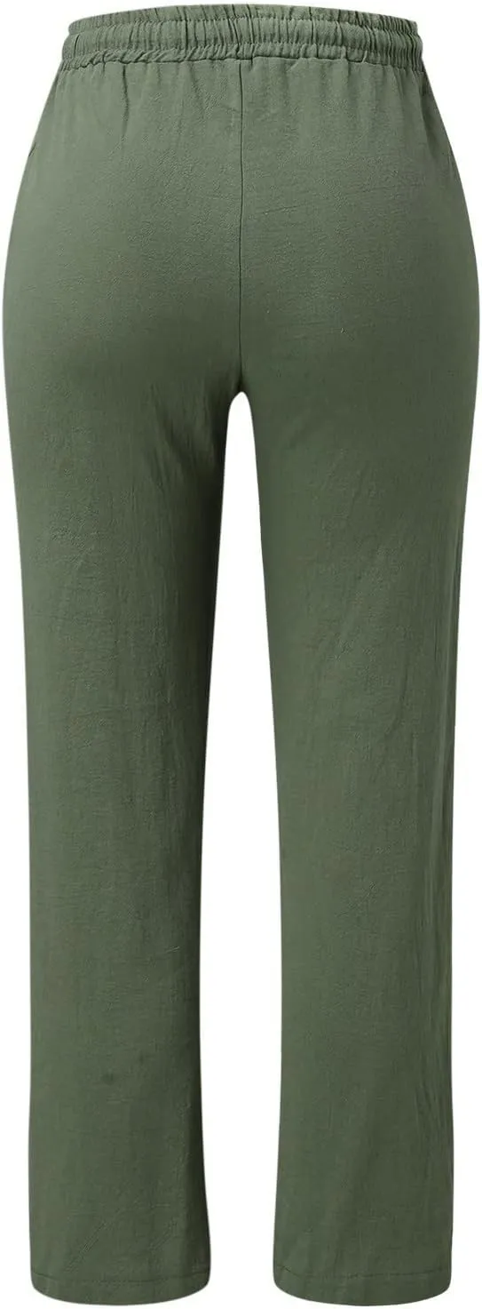 Linen Pants for Women Elastic Waist Straight Leg Pants Summer Casual Yoga Beach Pants 2025 Comfy Trousers with Pocket