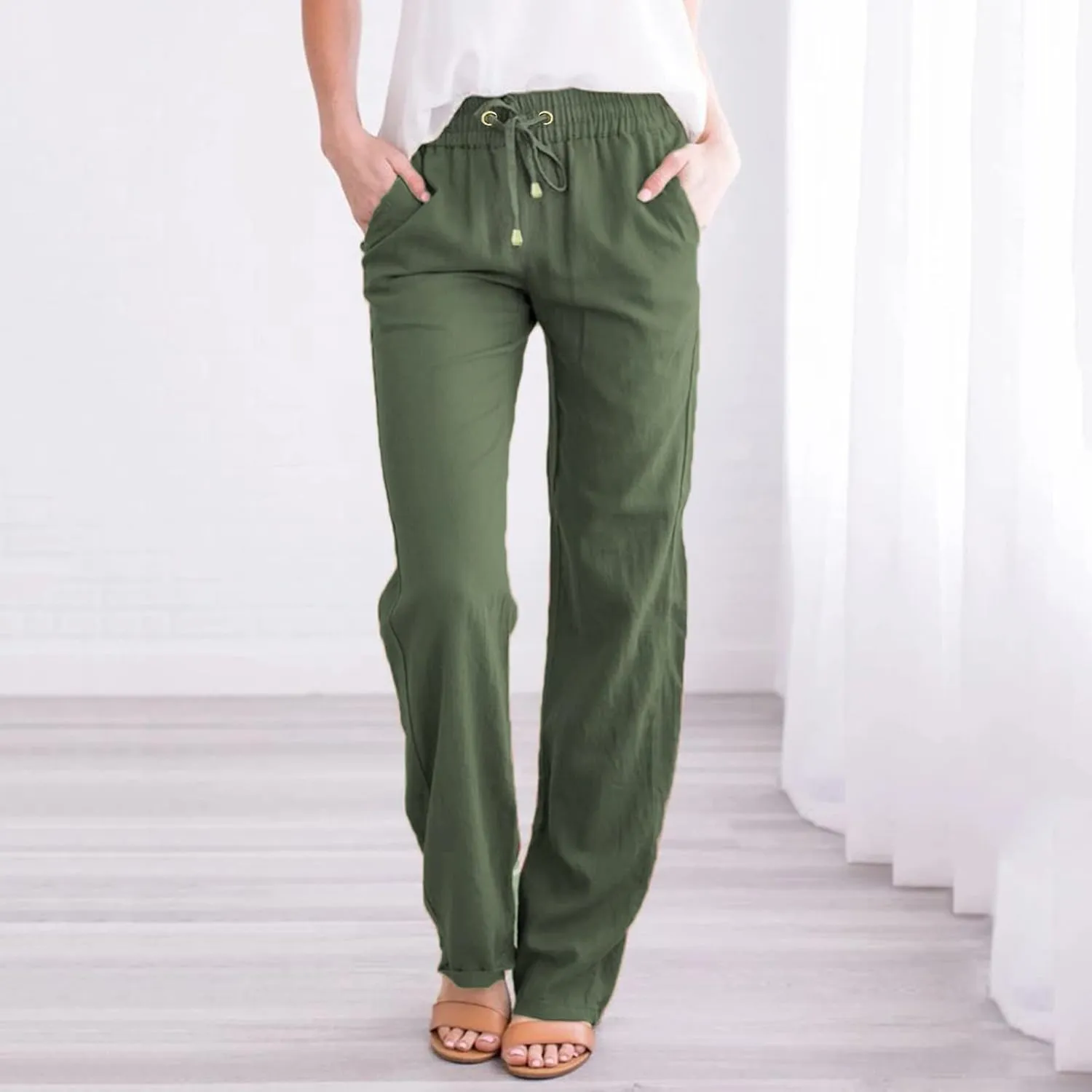 Linen Pants for Women Elastic Waist Straight Leg Pants Summer Casual Yoga Beach Pants 2025 Comfy Trousers with Pocket