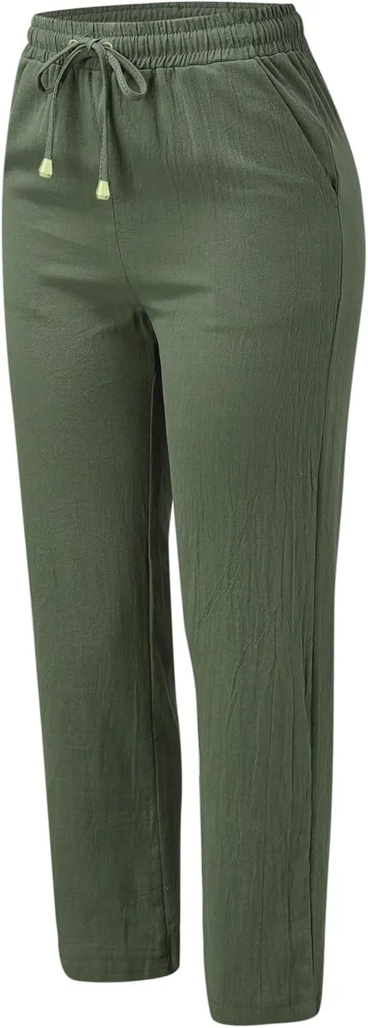Linen Pants for Women Elastic Waist Straight Leg Pants Summer Casual Yoga Beach Pants 2025 Comfy Trousers with Pocket