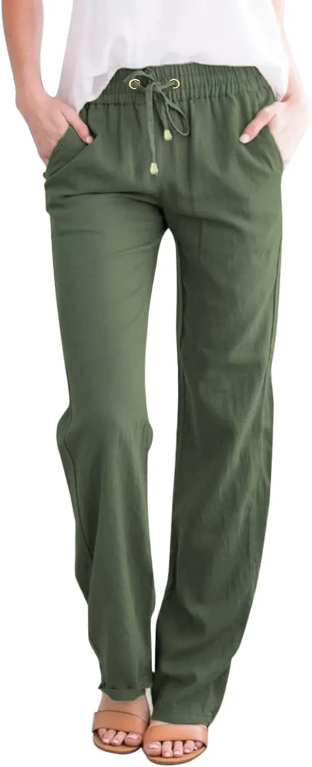Linen Pants for Women Elastic Waist Straight Leg Pants Summer Casual Yoga Beach Pants 2025 Comfy Trousers with Pocket
